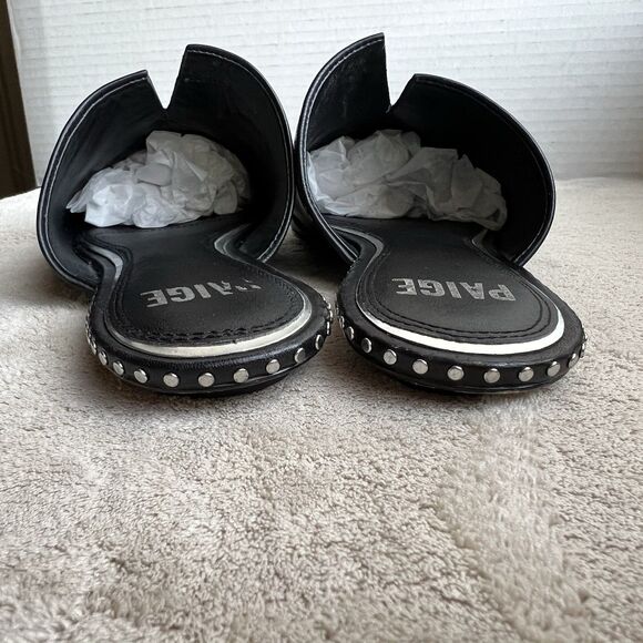 Paige Alia Black Leather Mule Slide Flats Women 7 Silver Stud Pointed Toe Casual - Picture 11 of 15
